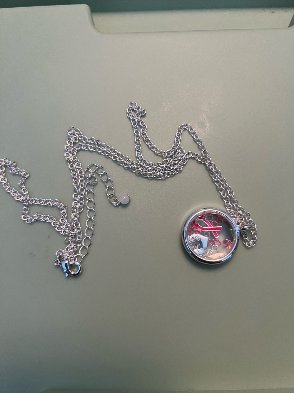 Origami Owl Silver Locket Necklace with Pink Ribbon Accent
